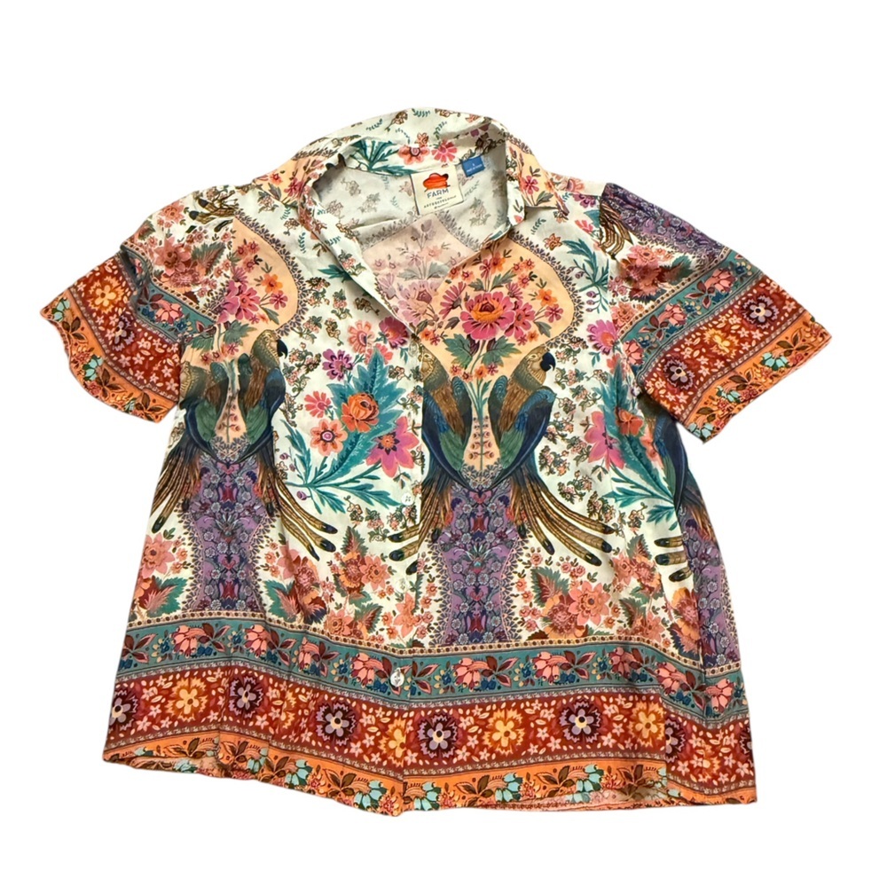 Farm Rio Anthropologie Cocoa Linen Blend Top Sz S - Picture 2 of 4